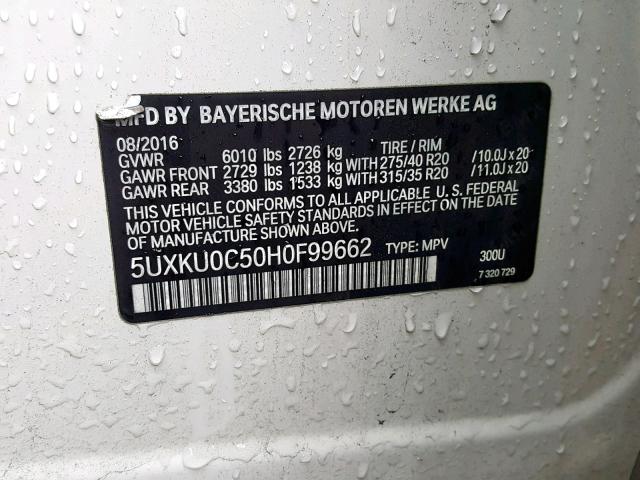 5UXKU0C50H0F99662 - 2017 BMW X6 SDRIVE3 WHITE photo 10
