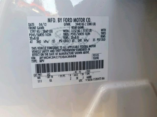 2FMDK3KC7DBA36689 - 2013 FORD EDGE LIMIT WHITE photo 10