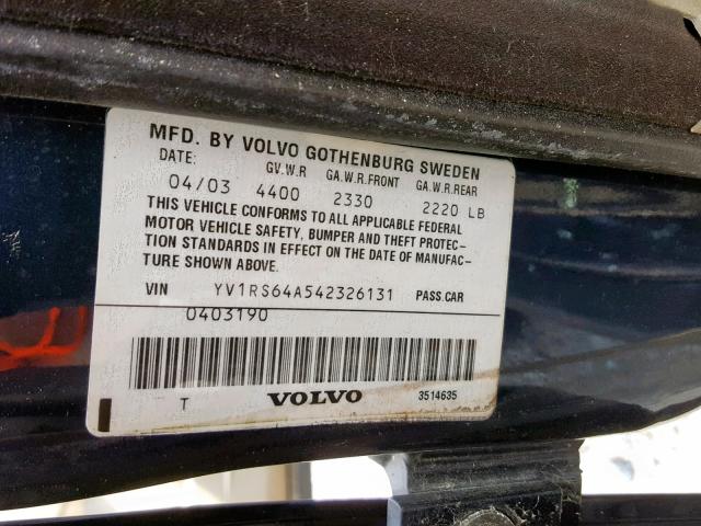 YV1RS64A542326131 - 2004 VOLVO S60 BLUE photo 10