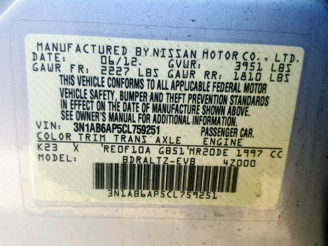 3N1AB6AP5CL759251 - 2012 NISSAN SENTRA 2.0 SILVER photo 10