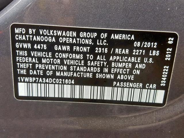 1VWBP7A34DC021604 - 2013 VOLKSWAGEN PASSAT SE GRAY photo 10