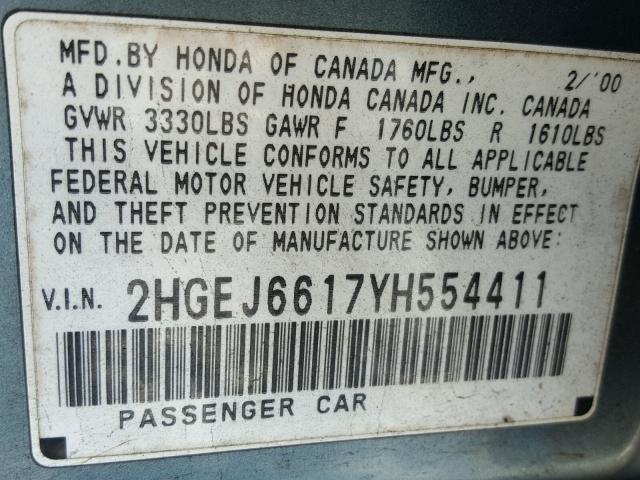 2HGEJ6617YH554411 - 2000 HONDA CIVIC BASE BLUE photo 10