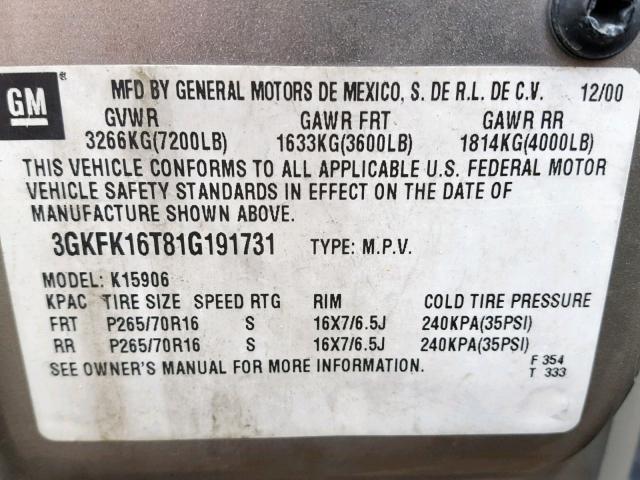 3GKFK16T81G191731 - 2001 GMC YUKON XL K GRAY photo 10