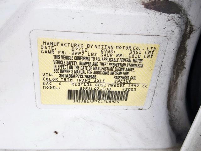 3N1AB6AP7CL768985 - 2012 NISSAN SENTRA 2.0 WHITE photo 10