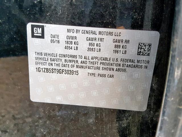 1G1ZB5ST9GF303915 - 2016 CHEVROLET MALIBU LS BLACK photo 10