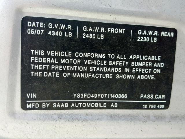 YS3FD49Y071140366 - 2007 SAAB 9-3 2.0T SILVER photo 10