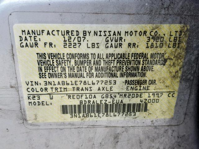 3N1AB61E78L677253 - 2008 NISSAN SENTRA 2.0 SILVER photo 10