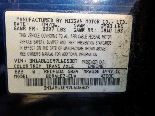 3N1AB61E97L605307 - 2007 NISSAN SENTRA 2.0 BLUE photo 10