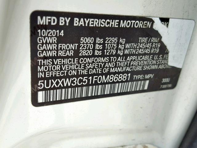 5UXXW3C51F0M86881 - 2015 BMW X4 XDRIVE2 白色 照片 10