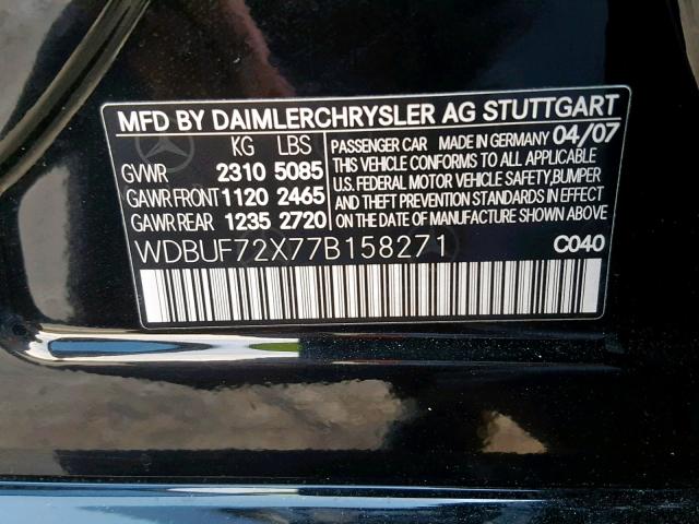 WDBUF72X77B158271 - 2007 MERCEDES-BENZ E 550 BLACK photo 10