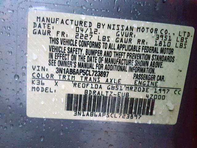 3N1AB6AP5CL723897 - 2012 NISSAN SENTRA 2.0 SILVER photo 10