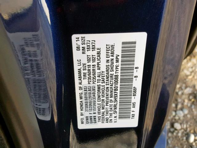 5FNRL5H9XFB010088 - 2015 HONDA ODYSSEY TO BLUE photo 10