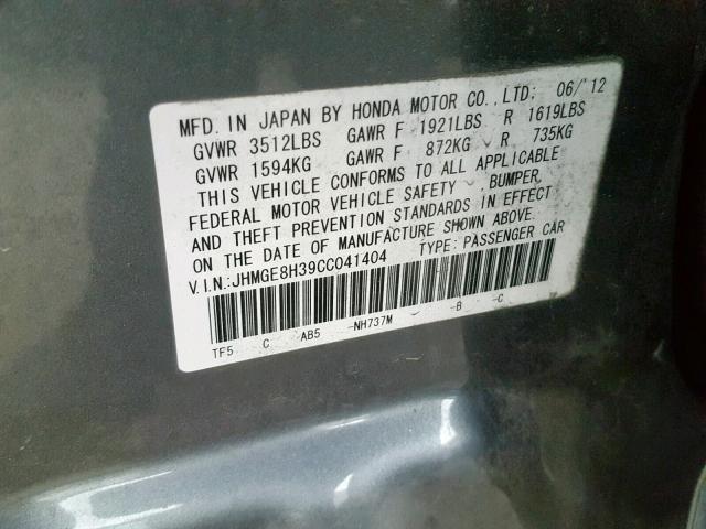 JHMGE8H39CC041404 - 2012 HONDA FIT GRAY photo 10