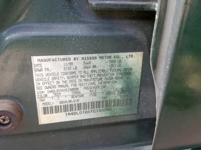 1N4DL01D4YC150090 - 2000 NISSAN ALTIMA XE GREEN photo 10