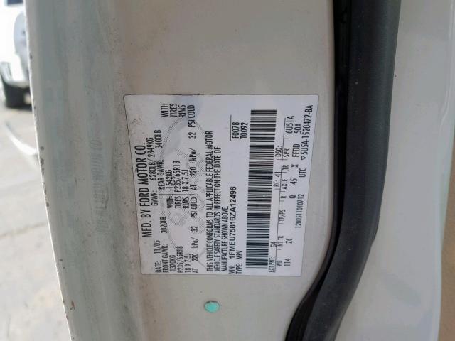 1FMEU75816ZA12496 - 2006 FORD EXPLORER L CREAM photo 10