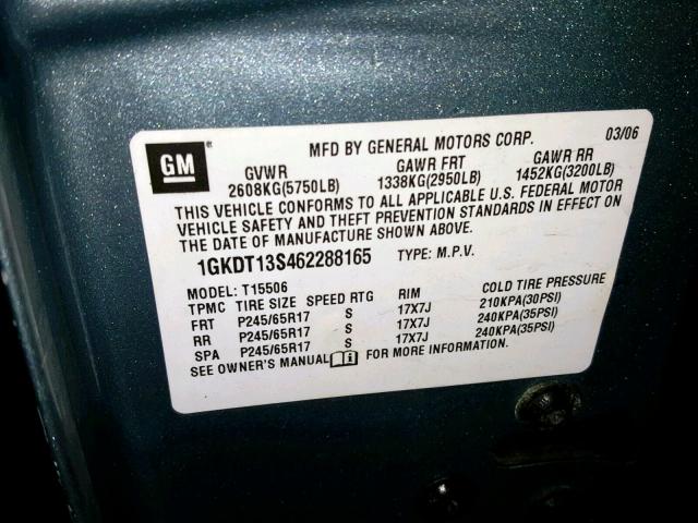 1GKDT13S462288165 - 2006 GMC ENVOY SILVER photo 10