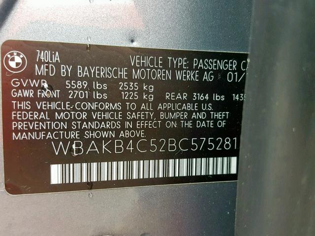 WBAKB4C52BC575281 - 2011 BMW 740 LI GRAY photo 10
