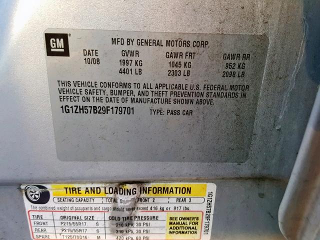 1G1ZH57B29F179701 - 2009 CHEVROLET MALIBU 1LT SILVER photo 10