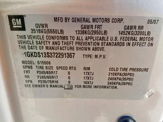 1GKDS13S372291367 - 2007 GMC ENVOY SILVER photo 10