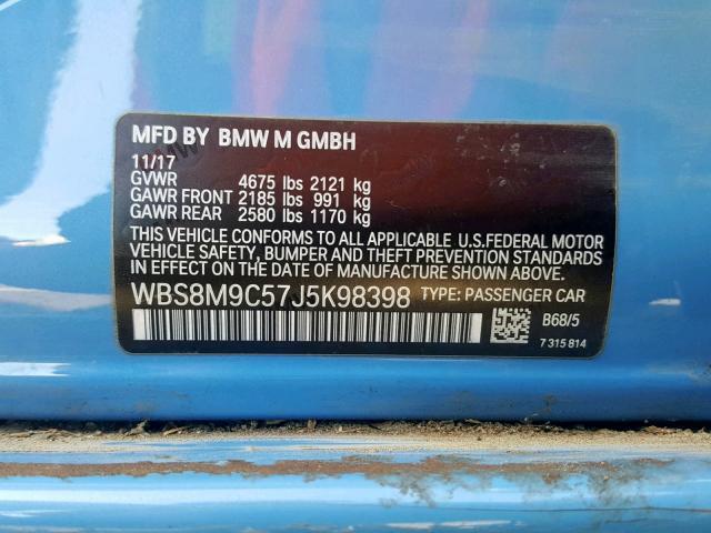 WBS8M9C57J5K98398 - 2018 BMW M3 BLUE photo 10