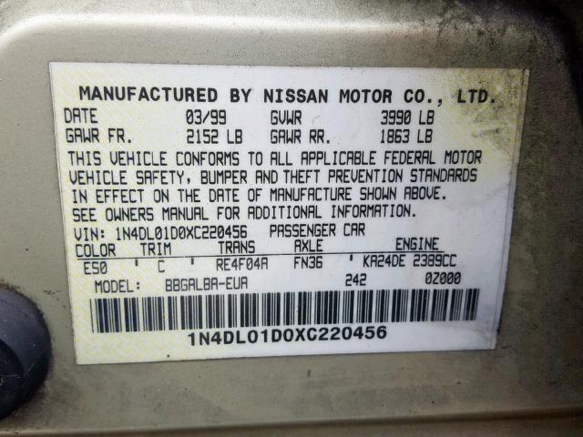 1N4DL01D0XC220456 - 1999 NISSAN ALTIMA XE GOLD photo 10