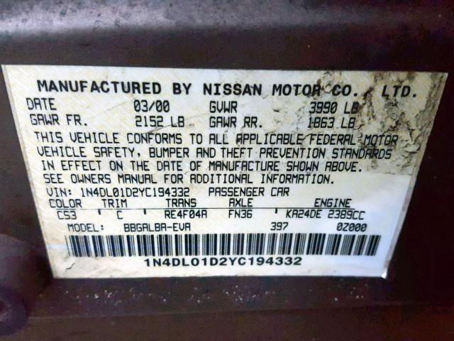 1N4DL01D2YC194332 - 2000 NISSAN ALTIMA XE TAN photo 10