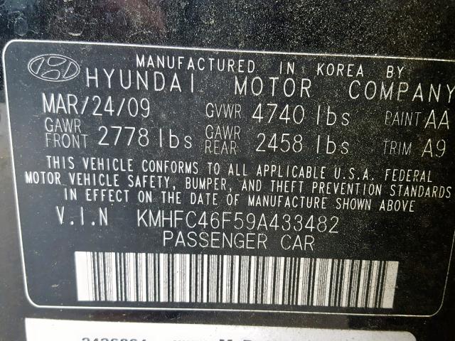 KMHFC46F59A433482 - 2009 HYUNDAI AZERA SE BLACK photo 10