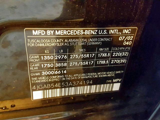 4JGAB54E53A374194 - 2003 MERCEDES-BENZ ML 320 BLACK photo 10