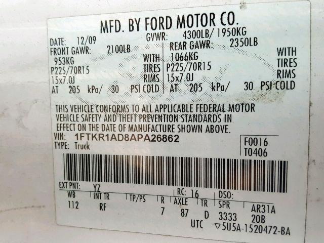 1FTKR1AD8APA26862 - 2010 FORD RANGER WHITE photo 10