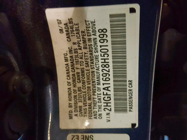 2HGFA16928H501998 - 2008 HONDA CIVIC EXL BLUE photo 10