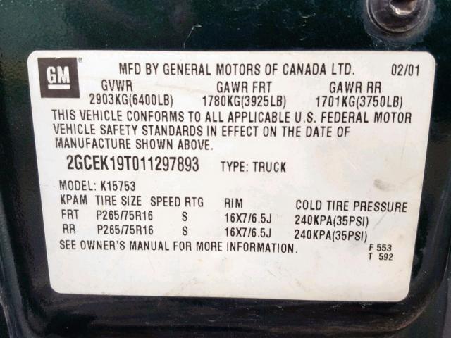 2GCEK19T011297893 - 2001 CHEVROLET SILVERADO GREEN photo 10