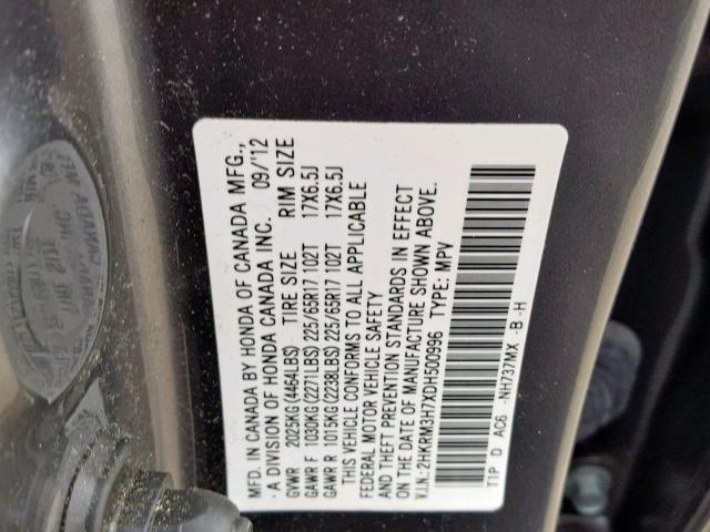 2HKRM3H7XDH500996 - 2013 HONDA CR-V EXL GRAY photo 10