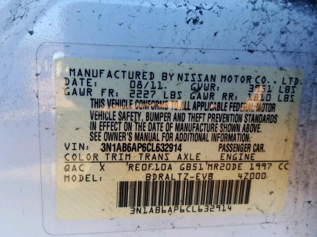 3N1AB6AP6CL632914 - 2012 NISSAN SENTRA 2.0 WHITE photo 10