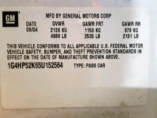 1G4HP52K65U152564 - 2005 BUICK LESABRE CU WHITE photo 10