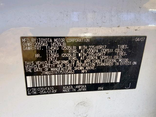 JTMBD31V775105463 - 2007 TOYOTA RAV4 LIMIT WHITE photo 10