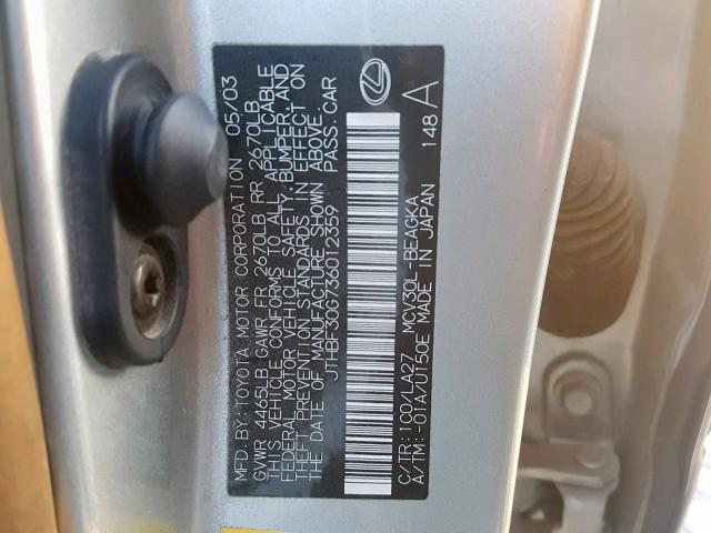 JTHBF30G736012359 - 2003 LEXUS ES 300 SILVER photo 10