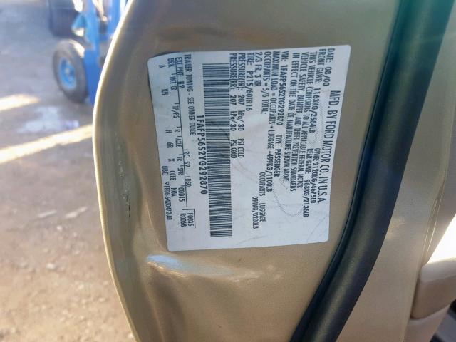 1FAFP56S2YG292870 - 2000 FORD TAURUS SEL GOLD photo 10