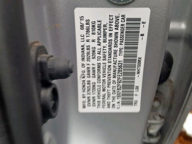 19XFB2F92FE285631 - 2015 HONDA CIVIC EXL SILVER photo 10