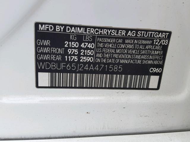 WDBUF65J24A471585 - 2004 MERCEDES-BENZ E 320 WHITE photo 10