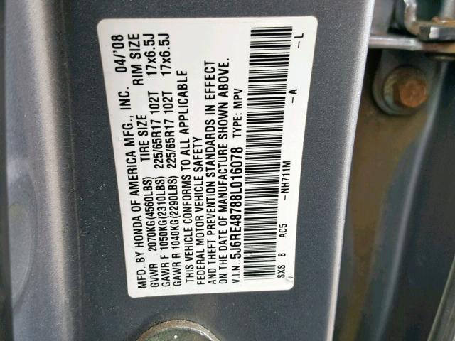 5J6RE48788L016078 - 2008 HONDA CR-V EXL SILVER photo 10