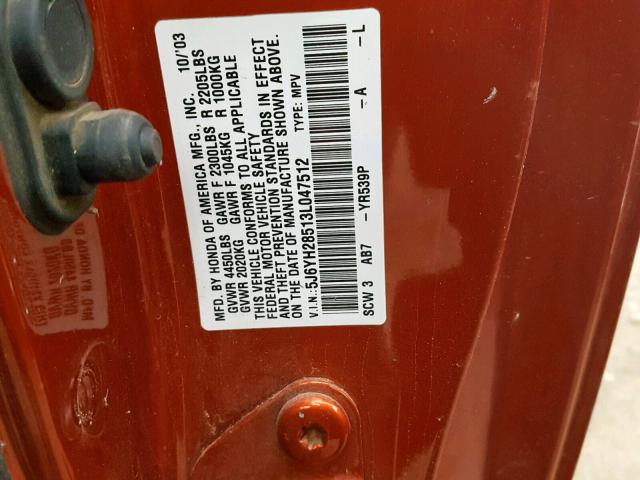 5J6YH28513L047512 - 2003 HONDA ELEMENT EX ORANGE photo 10