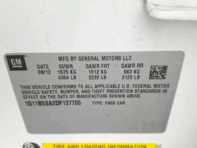 1G11B5SA2DF137700 - 2013 CHEVROLET MALIBU LS WHITE photo 10