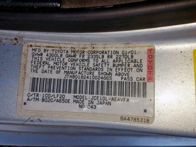 JTHBD182410024665 - 2001 LEXUS IS 300 SILVER photo 10