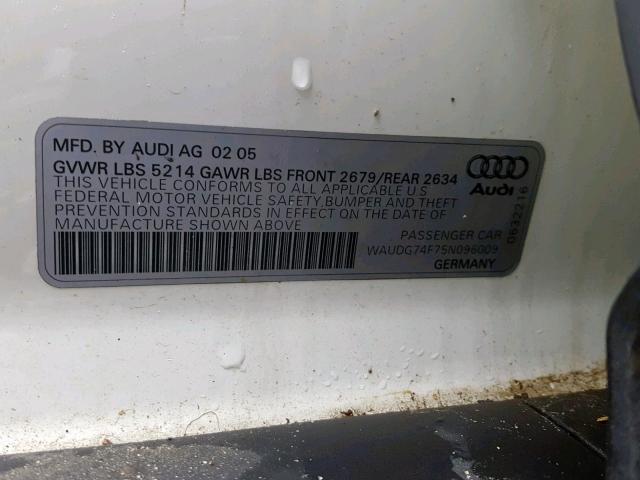 WAUDG74F75N096009 - 2005 AUDI A6 3.2 QUA WHITE photo 10