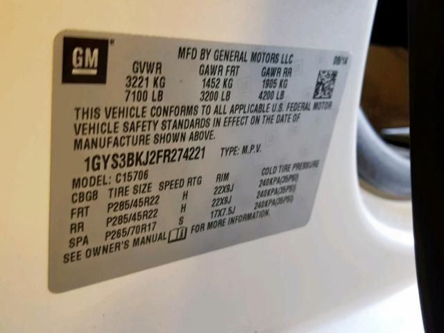 1GYS3BKJ2FR274221 - 2015 CADILLAC ESCALADE L 白色 照片 10