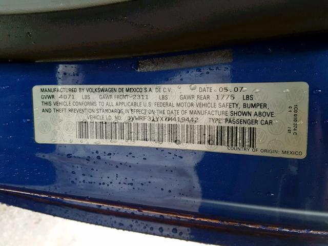 3VWRF31YX7M419442 - 2007 VOLKSWAGEN NEW BEETLE Mavi foto 10