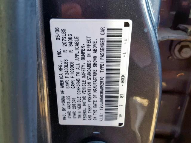 19UUA65636A052970 - 2006 ACURA 3.2TL GRAY photo 10