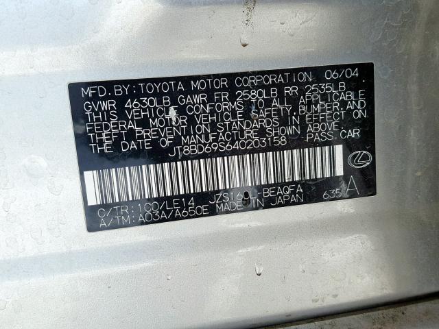 JT8BD69S640203158 - 2004 LEXUS GS 300 SILVER photo 10