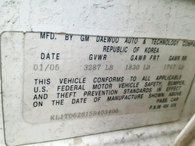 KL1TD62615B403400 - 2005 CHEVROLET AVEO BASE Ağ foto 10