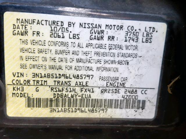 3N1AB51D96L485797 - 2006 NISSAN SENTRA SE- BLACK photo 10